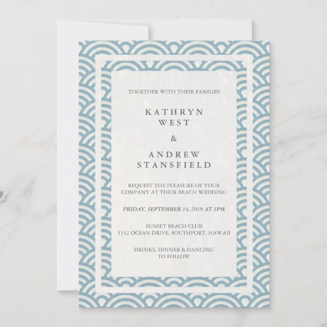 Japanese Seigaiha Waves Elegant Beach Wedding Invitation (Front)