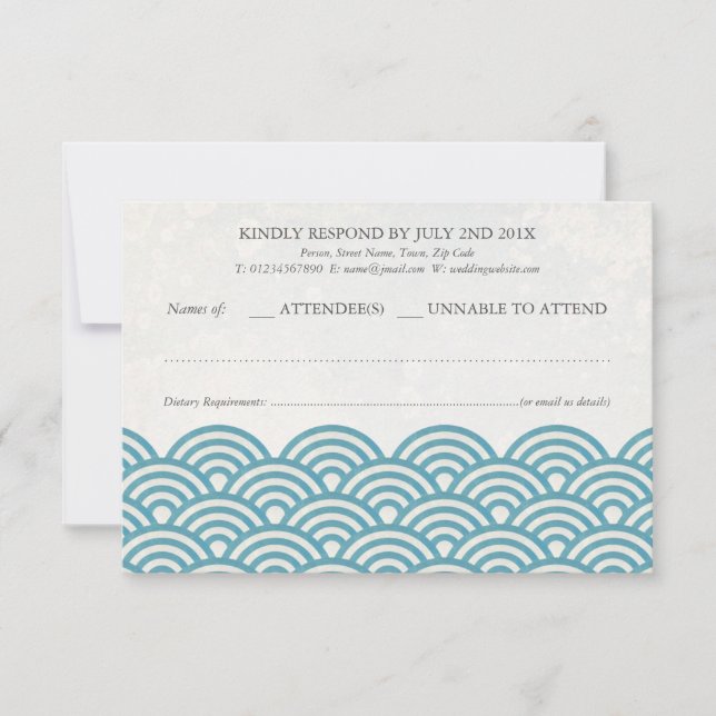Japanese Seigaiha Waves Elegant Beach Wedding RSVP (Front)