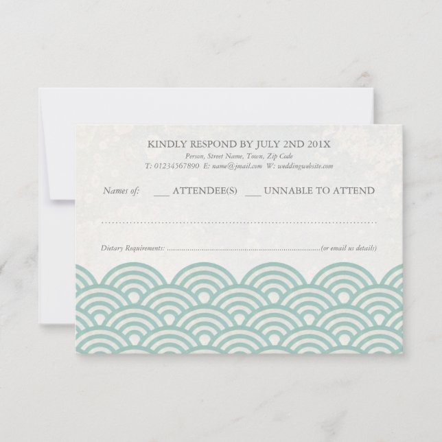 Japanese Seigaiha Waves Elegant Beach Wedding RSVP (Front)
