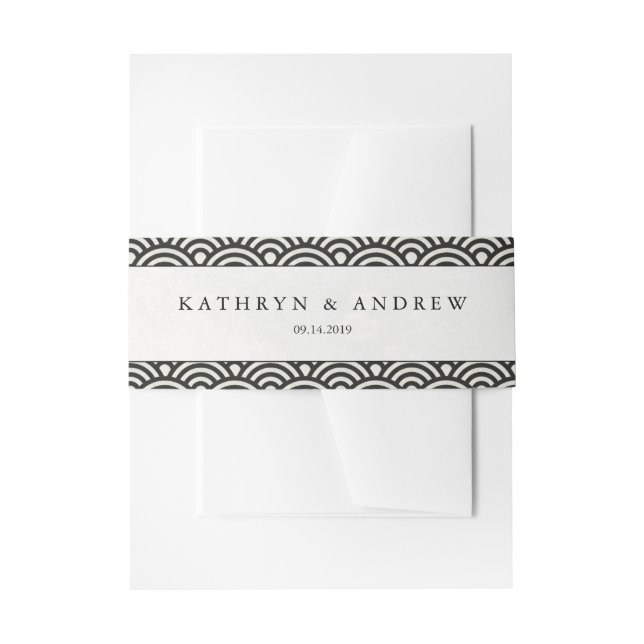 Japanese Seigaiha Waves Elegant Black + White Invitation Belly Band (Front Example)