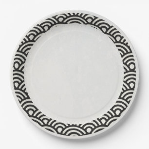 Japanese Seigaiha Waves Elegant Black + White Paper Plate