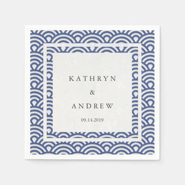 Japanese Seigaiha Waves Elegant Dark Blue + White Napkin (Front)