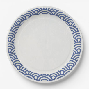 Japanese Seigaiha Waves Elegant Dark Blue + White Paper Plate