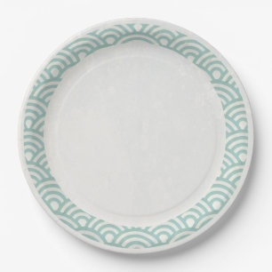 Japanese Seigaiha Waves Elegant Jade Green + White Paper Plate
