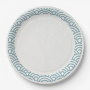 Japanese Seigaiha Waves Elegant Light Blue + White Paper Plate