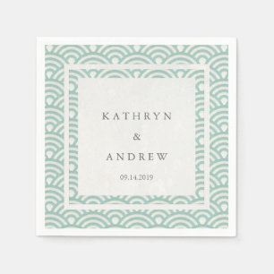 Japanese Seigaiha Waves Elegant Soft Green + White Napkin