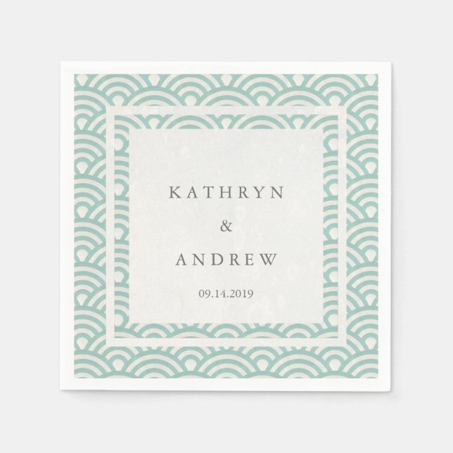 Japanese Seigaiha Waves Elegant Soft Green + White Napkin (Front)