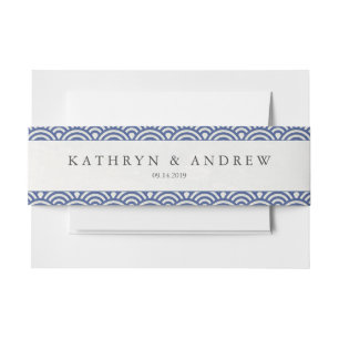 Japanese Seigaiha Waves Modern Blue+White Wedding Invitation Belly Band