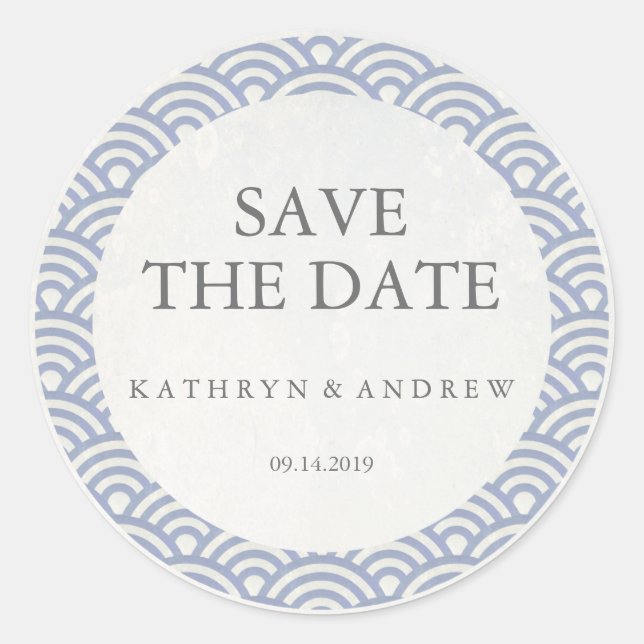 Japanese Seigaiha Wedding Save the Date or Custom Classic Round Sticker (Front)