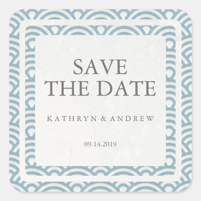 Japanese Seigaiha Wedding Save the Date or Custom Square Sticker (Front)