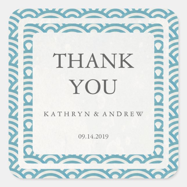 Japanese Seigaiha Wedding Thank You/Custom Text Square Sticker (Front)