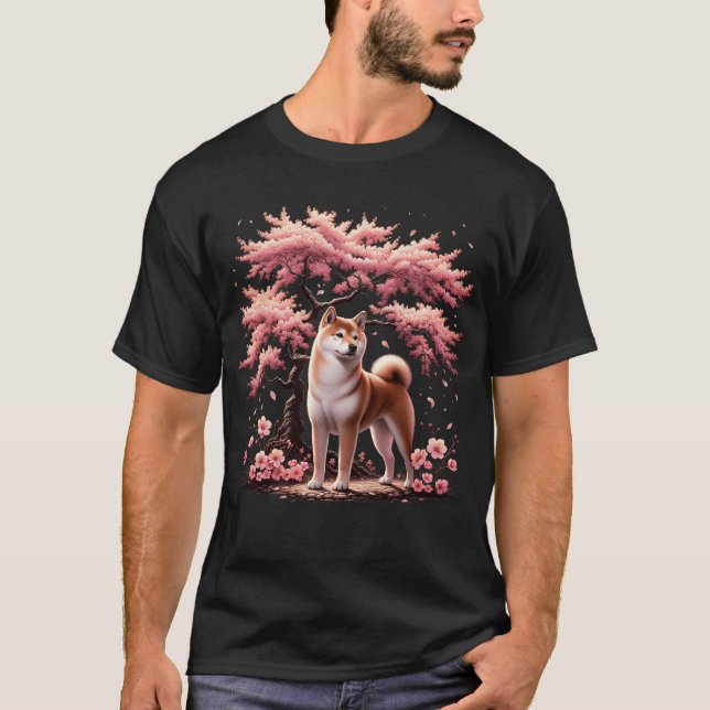 Japanese Shiba Inu Cherry Blossom Flower Trees T-Shirt (Front)