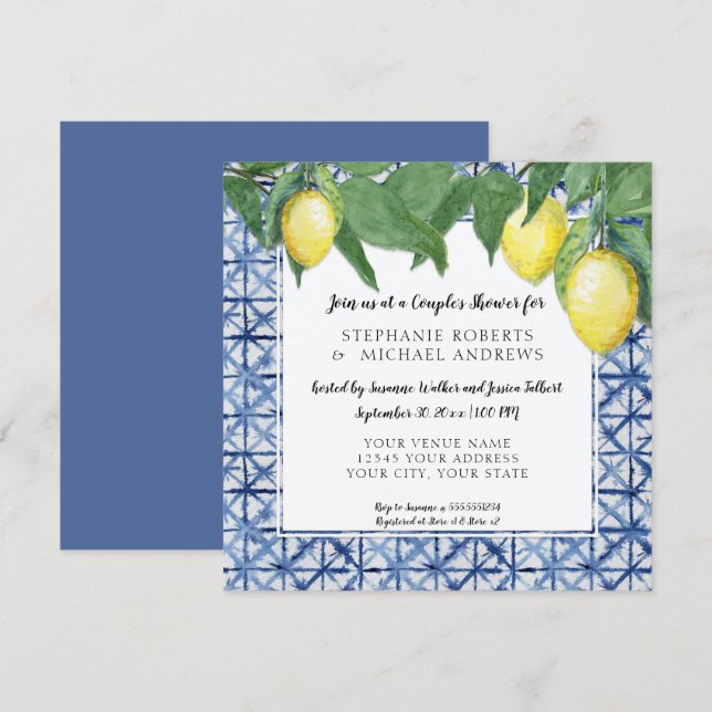 Japanese Shibori Blue n White Lemon Couples Shower Invitation (Front/Back)