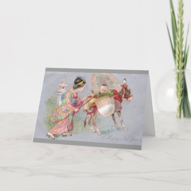Japanese Shogatsu New Year Baby on Mule Holiday Card (Front)