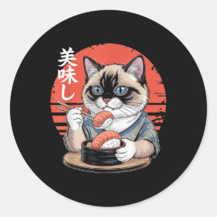 Japanese Siamese Cat Eating Sushi Kawaii Anime Cat Classic Round Sticker