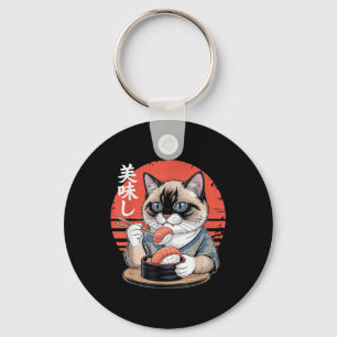 Japanese Siamese Cat Eating Sushi Kawaii Anime Cat Key Ring