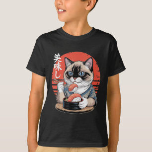 Japanese Siamese Cat Eating Sushi Kawaii Anime Cat T-Shirt