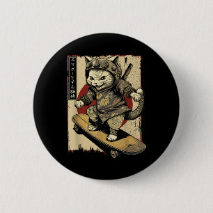 Japanese Skateboard Samurai Cat Tattoo Kawaii Ninj 6 Cm Round Badge