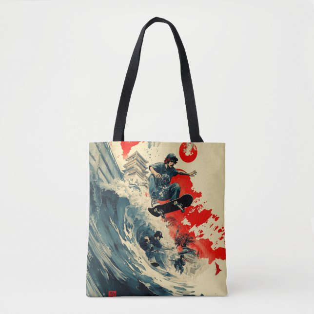 Japanese Skateboard Tsunami Tote Bag (Front)