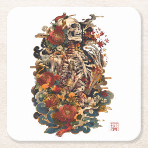 Japanese Skeleton Art   Gothic Floral Skull Square Paper Coaster