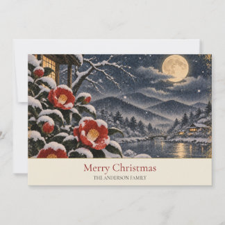 Japanese Snow Moon Red Camellia Family Name Holiday Card