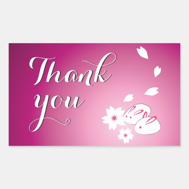 Japanese Snow Rabbits and Sakura Thank You Rectangular Sticker (Front)