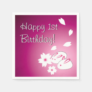 Japanese Snow Rabbits & Sakura 1st Birthday Napkin