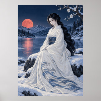 Japanese Snow Woman Art Print – Yuki Onna Red Moon