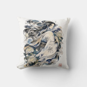 Japanese Snow Woman Art   Winter Yokai In Kimono Cushion