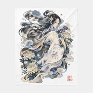 Japanese Snow Woman Art Winter Yokai In Kimono Fleece Blanket