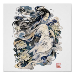 Japanese Snow Woman Art Winter Yokai In Kimono Poster