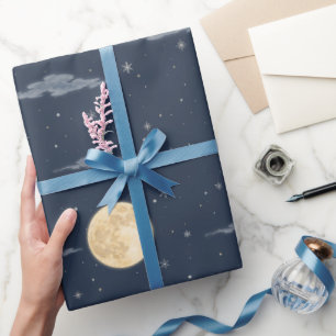 Japanese Snowy Moon Winter Night Watercolor Wrapping Paper