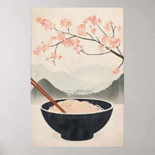 Japanese Soba Noodles Poster with Cherry Blossom