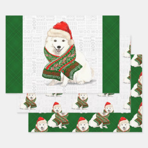 Japanese Spitz Christmas Dog and Green Plaid Wrapping Paper Sheet