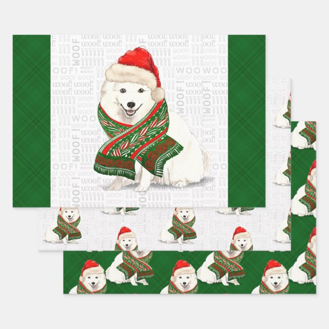 Japanese Spitz Christmas Dog and Green Plaid Wrapping Paper Sheet (Set)