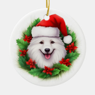Japanese Spitz Christmas Wreath Ceramic Tree Decoration