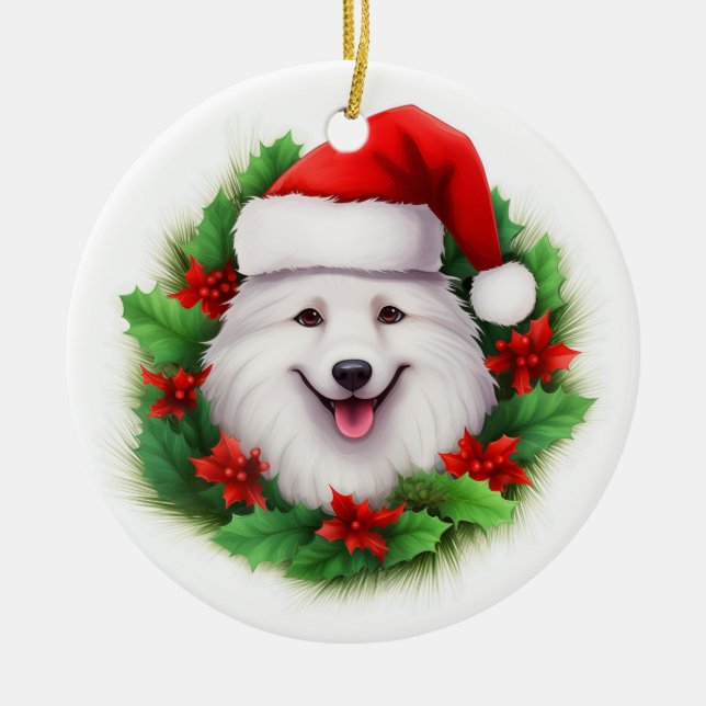 Japanese Spitz Christmas Wreath Ceramic Tree Decoration (Front)