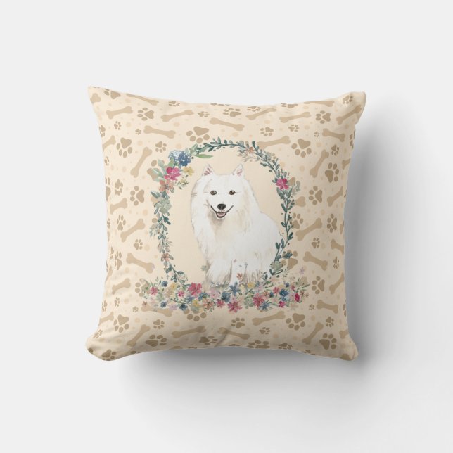 Japanese Spitz Dog Paw Print & Floral Cute Cushion (Front)