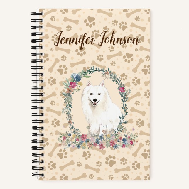 Japanese Spitz Dog Paw Print & Floral Cute Notebook (Front)
