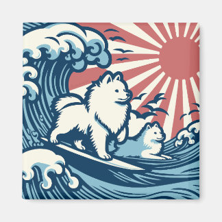 Japanese Spitz Dogs Sufing the Great Wave Magnet
