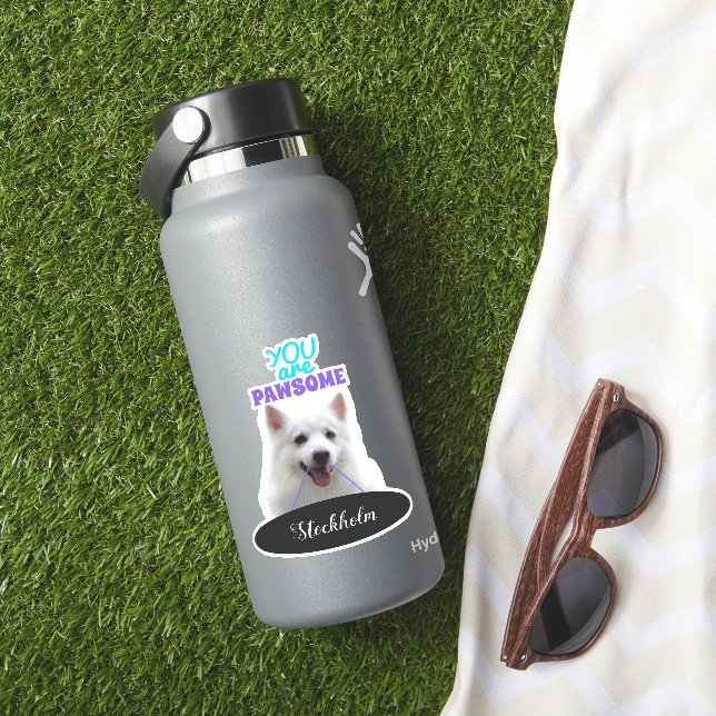 Japanese Spitz Purple Pawsome Vinyl Stickers (HydroFlask Insitu)