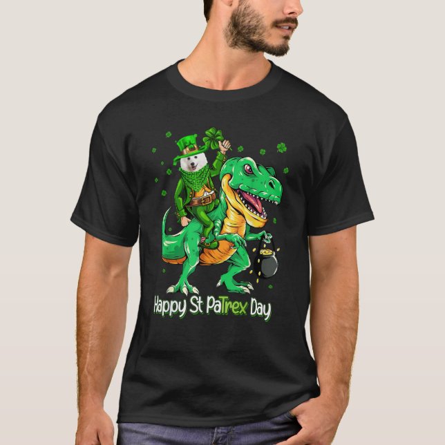Japanese Spitz Riding Dinosaur Patricks Day Shamro T-Shirt (Front)