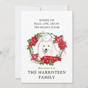 Japanese Spitz Watercolor Poinsettia Christmas Holiday Card