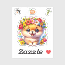 Japanese Spitz with flowers, puppy sticker