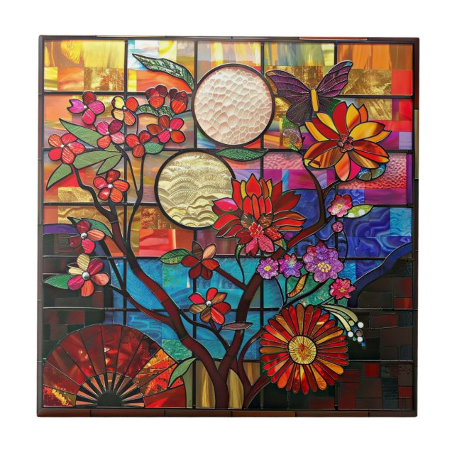 Japanese Stained Glass Art Ceramic Tile (Front)