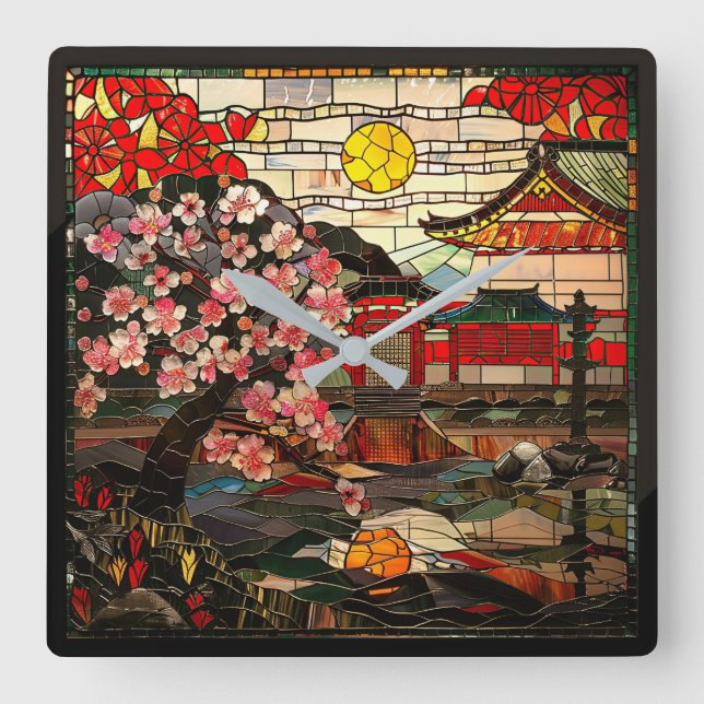 Japanese Stained Glass Art Wall Clock (Front)