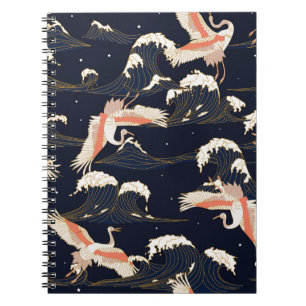 japanese storks in vintage style on green backgrou notebook