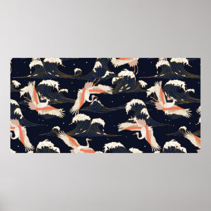 japanese storks in vintage style on green backgrou poster