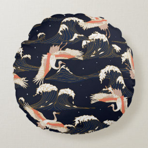 japanese storks in vintage style on green backgrou round cushion