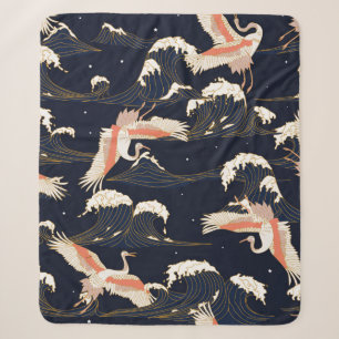 japanese storks in vintage style on green backgrou sherpa blanket
